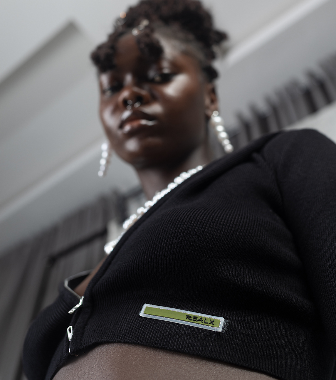 Model In RealX Knitted cropped hoodie