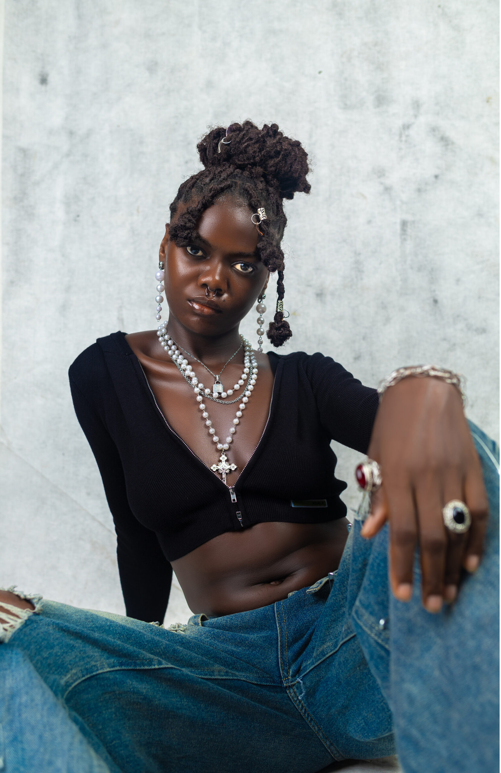 Model in Black cropped hoodie